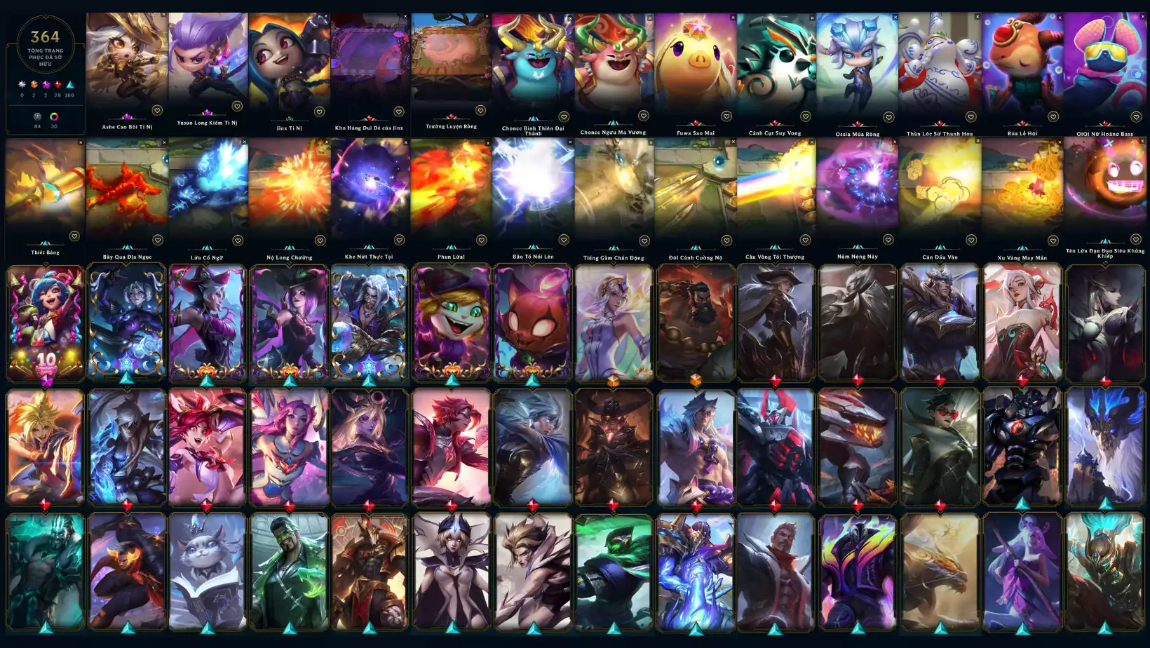 ACC CHUYÊN 5VS5 VÀ TFT  SKIN : 364, FULL TƯỚNG ,LV : 395 ,ĐA SẮC : 32 ,DƯ 33K THL,UNLRANK ALL ,KHUNG SKIN ,3 CỜ HIỆU MÙA TUYẾT  DTCL : ASHE CAO BỒI TÍ NỊ ,YASUO LONG KIẾM TÍ NỊ,NHIỀU PET 3 SAO,2 SÂN ĐỎ VÀ NHIỀU SÂN THƯỜNG,CHƯỞNG LỰC THIẾT BẢNG VÀ NHIỀU CHƯỞNG LỰC HIẾM, CÒN ĐỔI TÊN